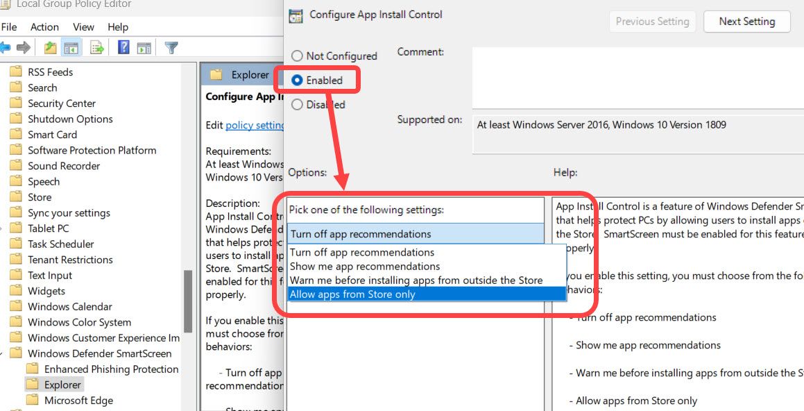 Disabling installing apps from outside the Microsoft Store using Group Policy Editor on Windows.