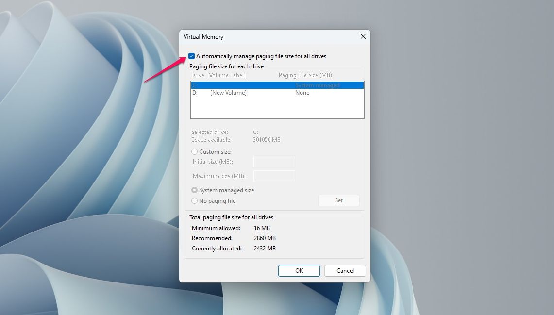 Automatically manage paging file size for all drivers option in the Virtual Memory window