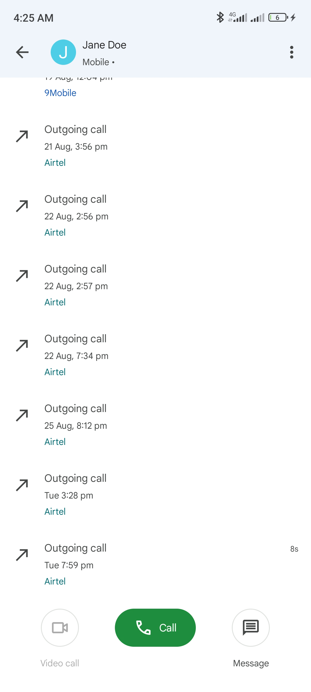 An example of call history for one contact in the Android Phone app.