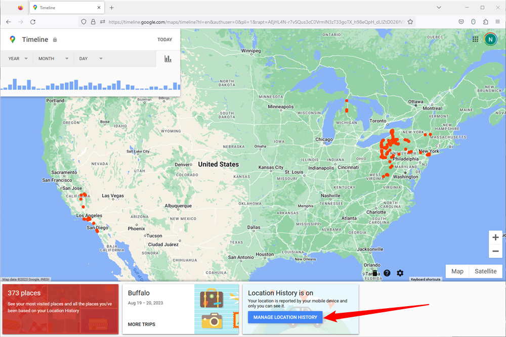 The timeline page showing the trips we've taken. Click "Manage Location History."