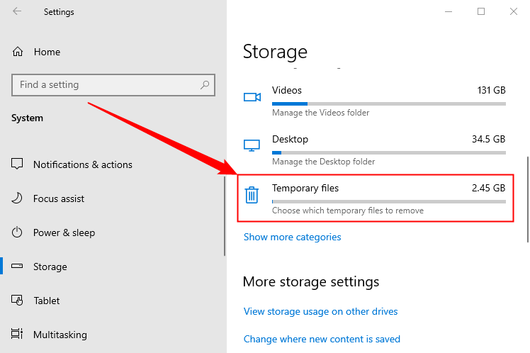 Scroll through the list of Storage categories, then click "Temporary Files." 