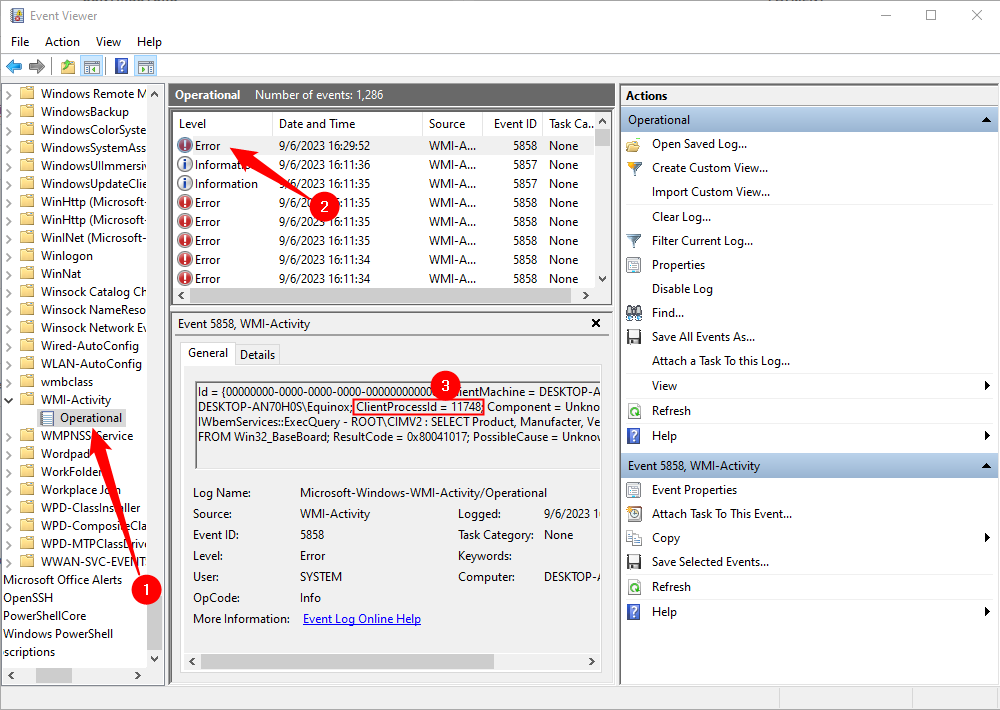 The Event Viewer showing a WMI error. 