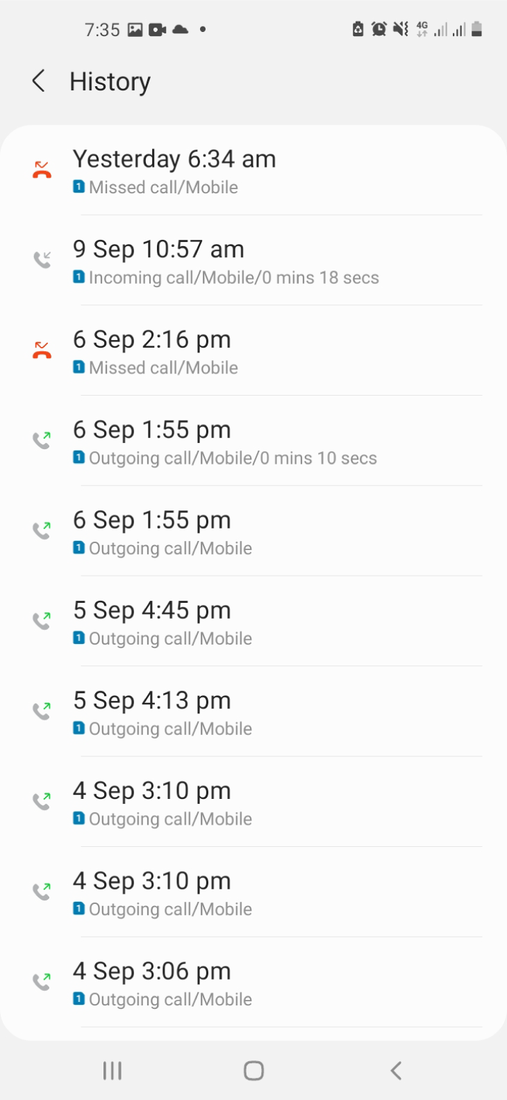 Call history for a specific contact in the Contacts app.