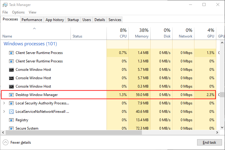 The Desktop Window Manager process shown in Task Manager