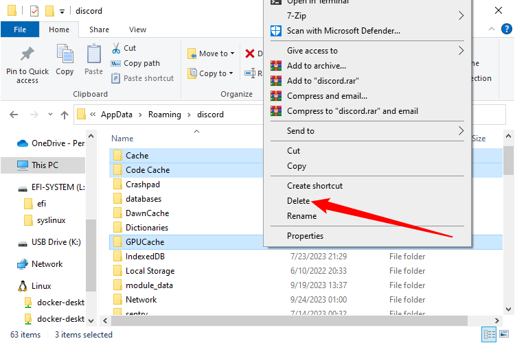 Select the cache folders, then click "Delete." 
