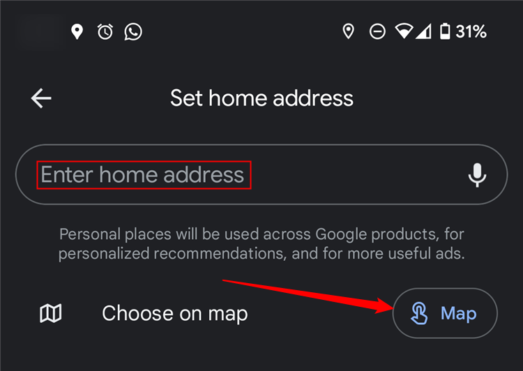 The "Set Home Address" page in Google Maps app. 