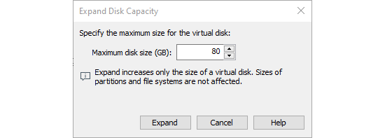 Expand Disk Capacity window set to 80 gigabytes. 