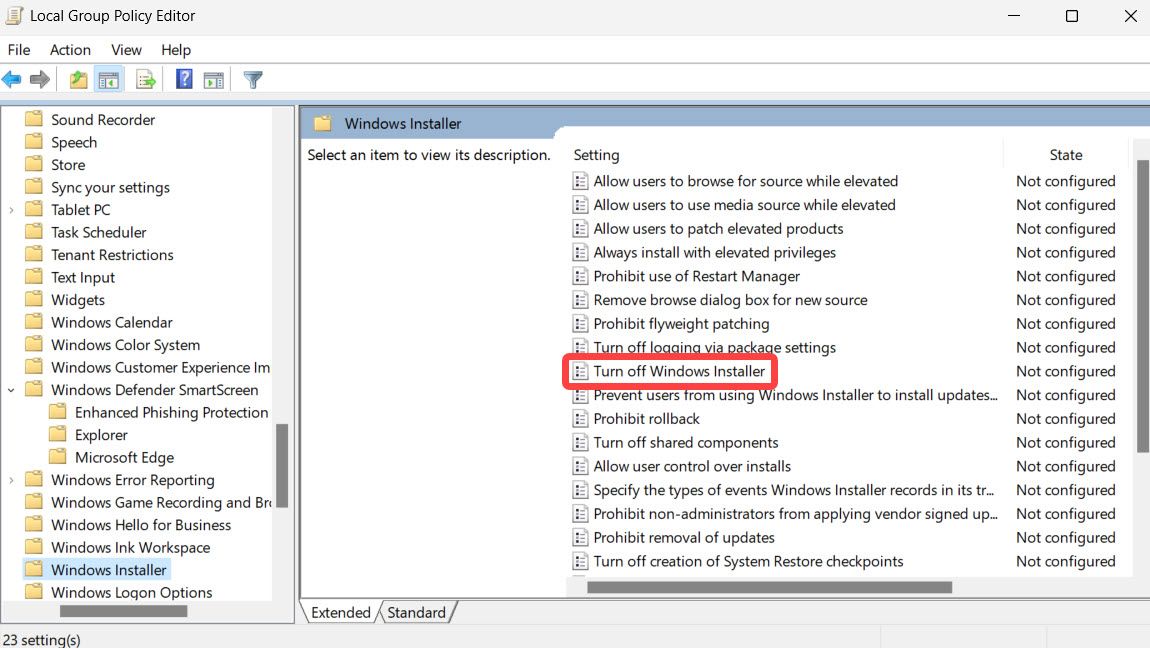 An image showing how to disable installing new apps using the Local Group Policy Editor on Windows.