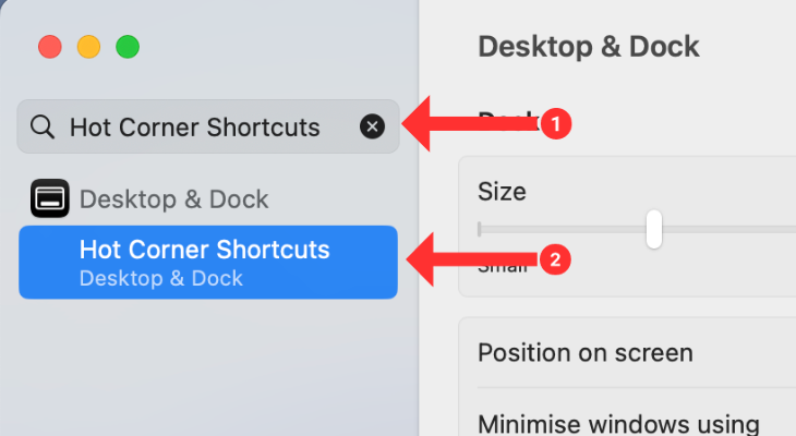 Hot Corners Shortcuts in Settings menu