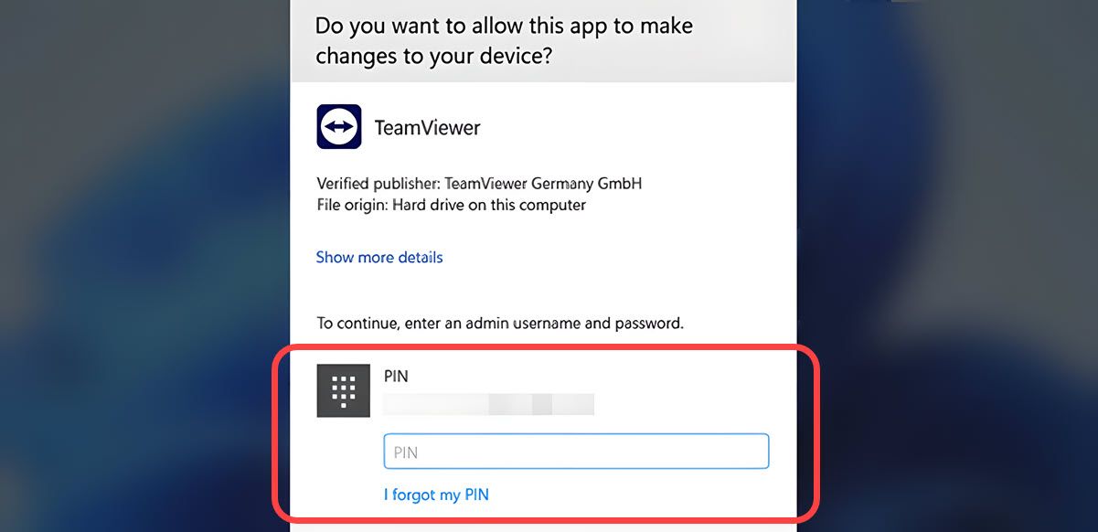 Entering the pin code of the admin account on Windows 11 while installing a new app.