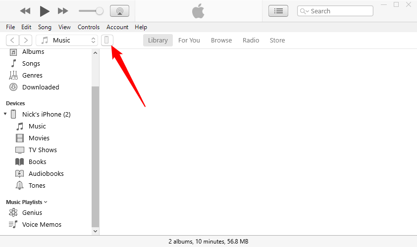 The iTunes main screen. Click the phone icon near the upper left side. 