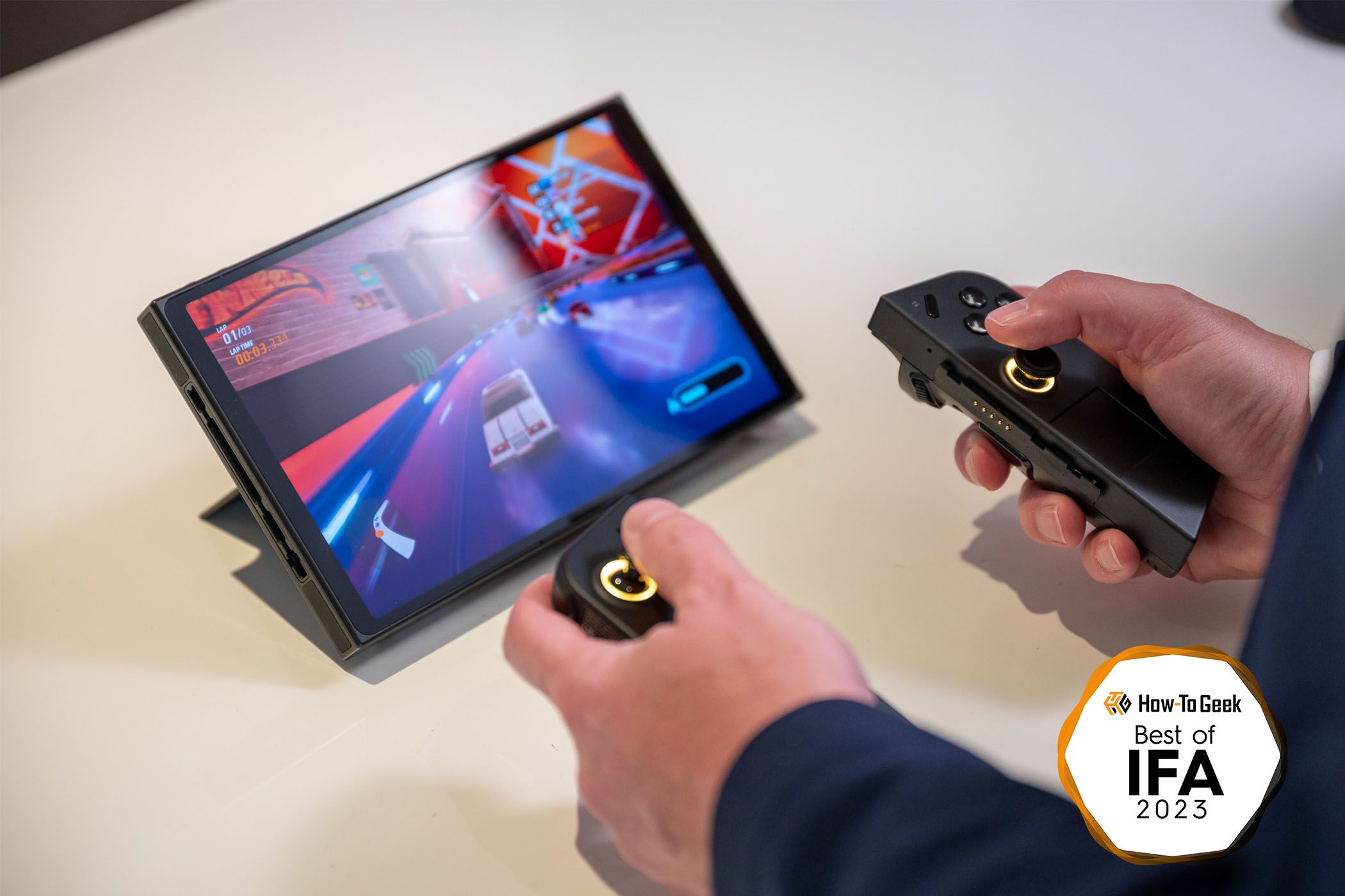 A person playing a game on the Lenovo Legion Go portable gaming device