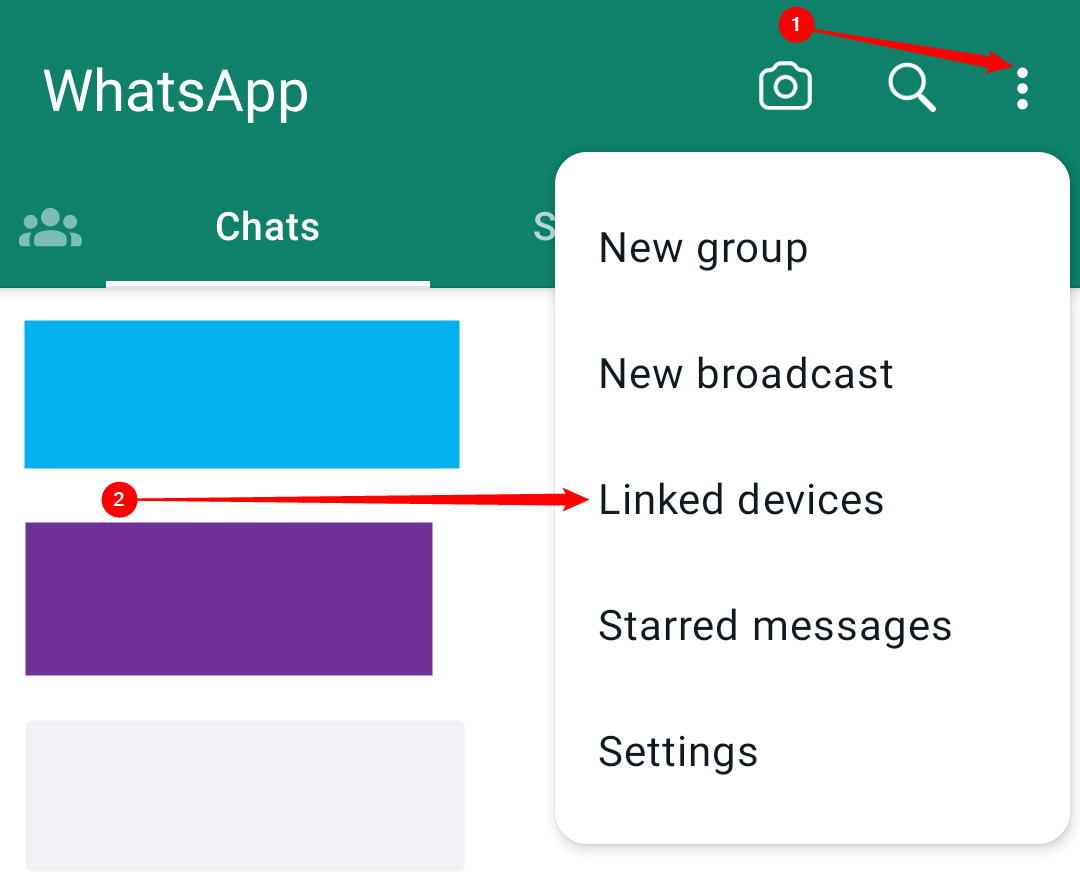 The WhatsApp main screen, with the dropdown open. 