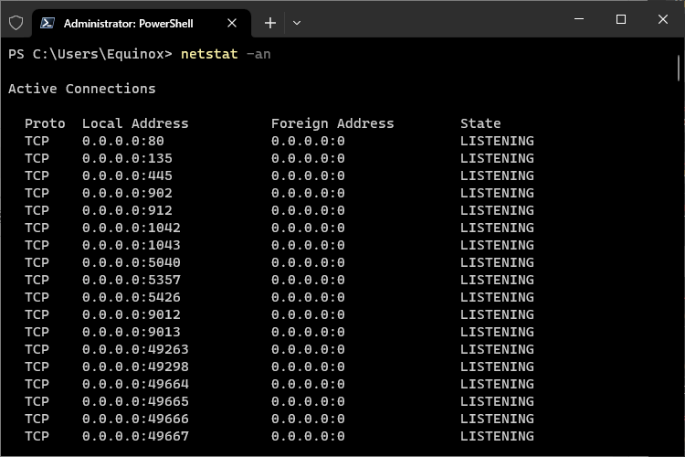 The results of netstat -an in the Terminal. 