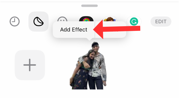 Apple Messages sticker menu with an arrow next to the Add Effect option