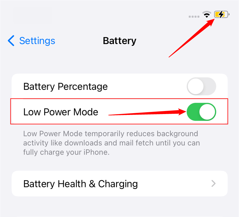 Low Power Mode toggle in iPhone battery settings.
