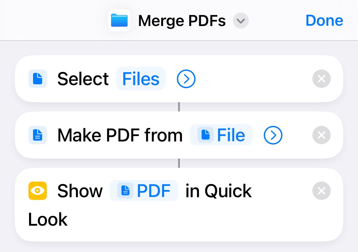 Create a workflow to merge PDFs into a single document using Shortcuts