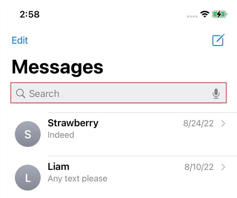 The top of the Messages app with the search box highlighted. 