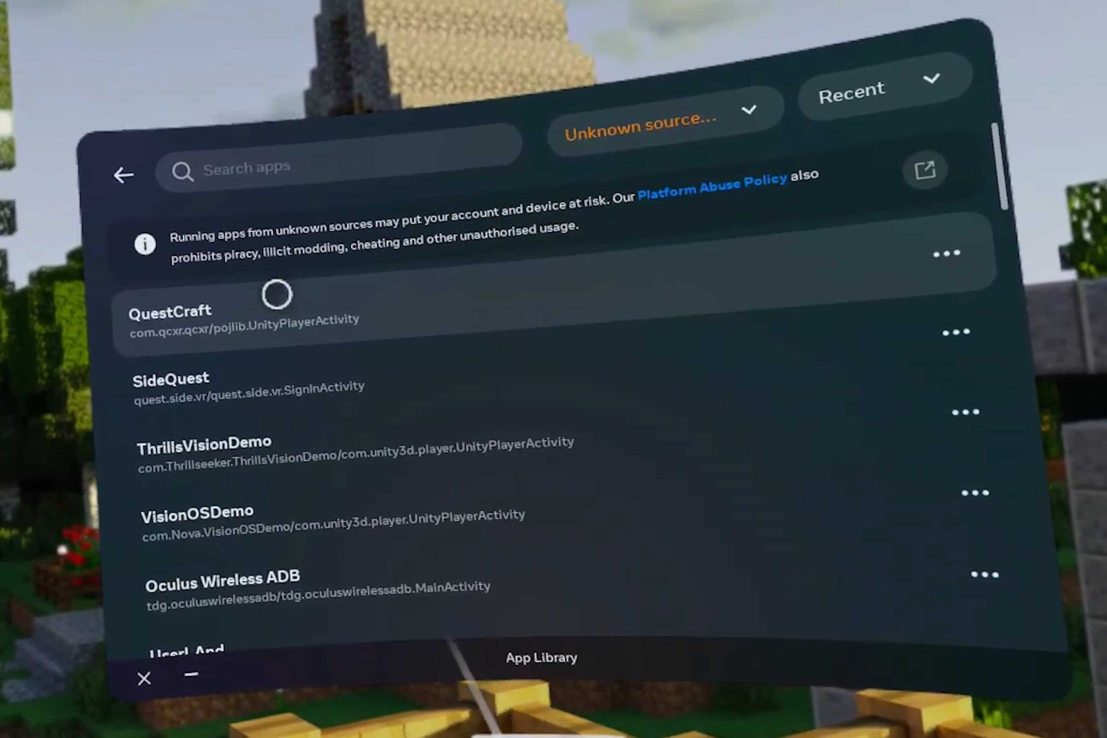Minecraft VR With QuestCraft Meta Quest Unknown Sources