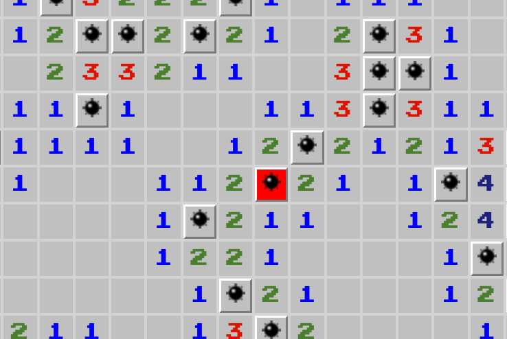 Minesweeper board after you&rsquo;ve clicked on a mine