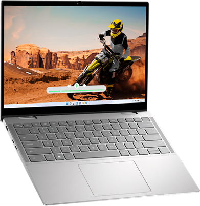 The Dell Inspiron 14 2-in-1 7435 laptop sitting with the screen on.