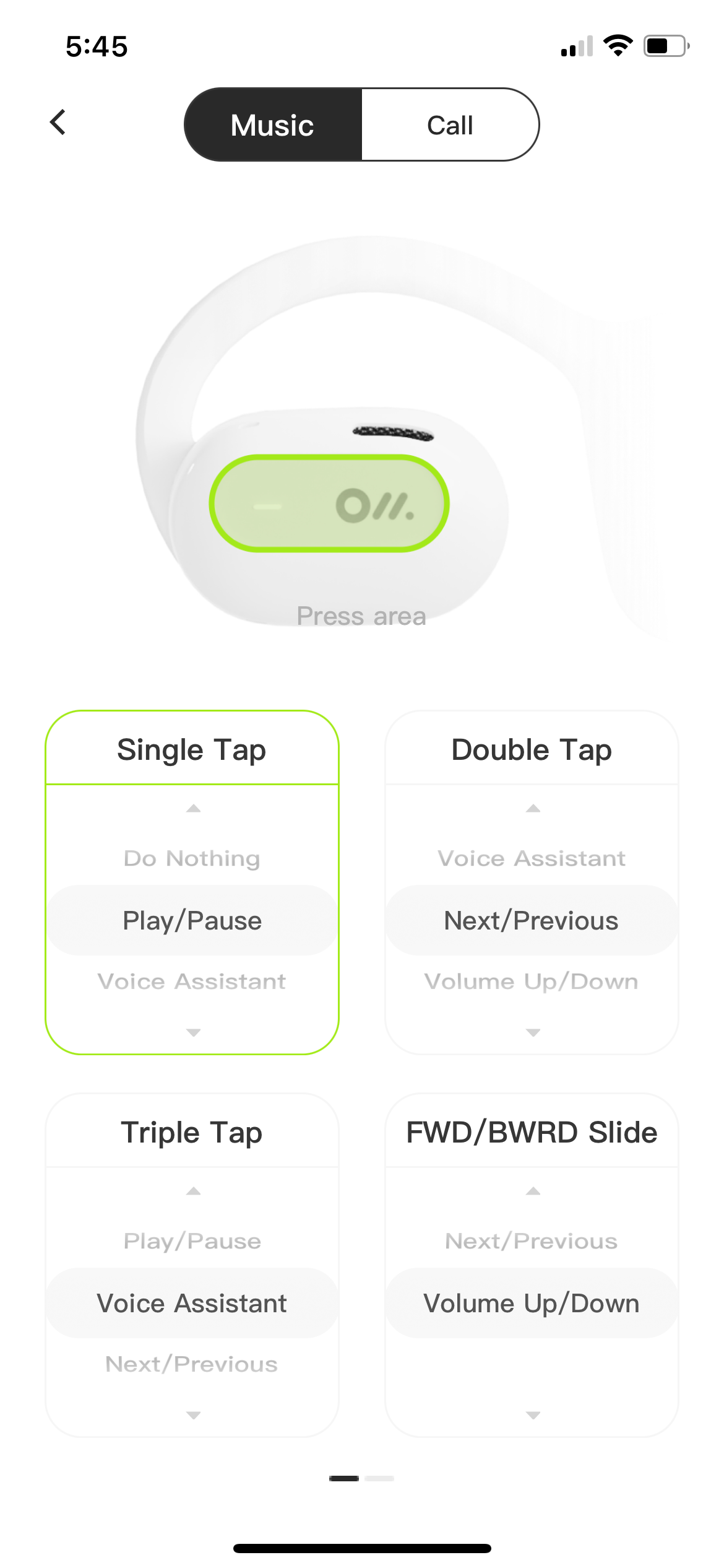 The touch controls screen in the Oladance app.