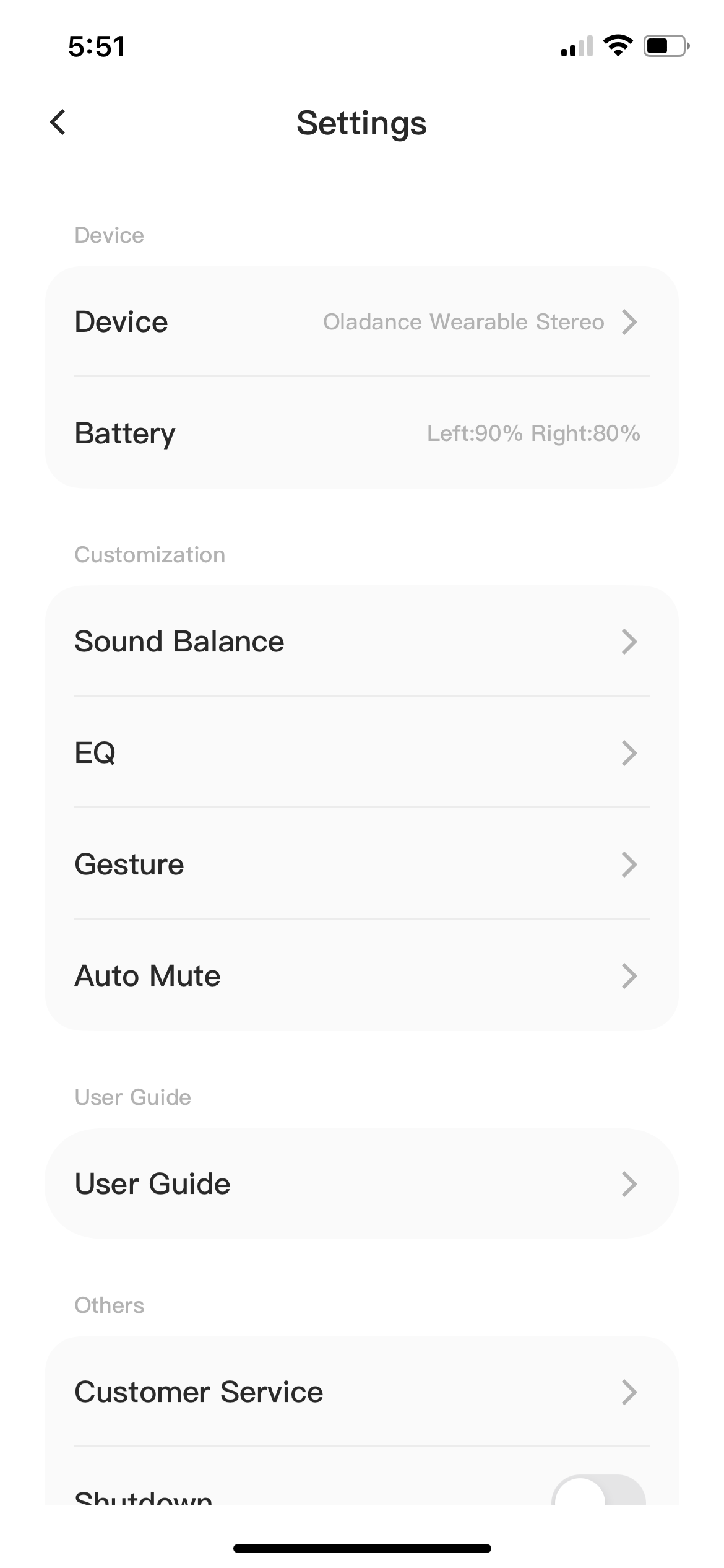 The settings screen in the Oladance app.