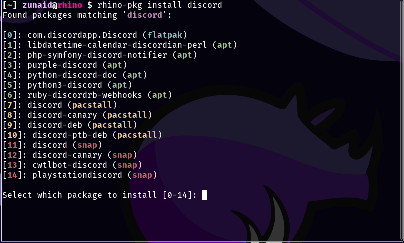 when trying to install an app, the terminal displays all available packages