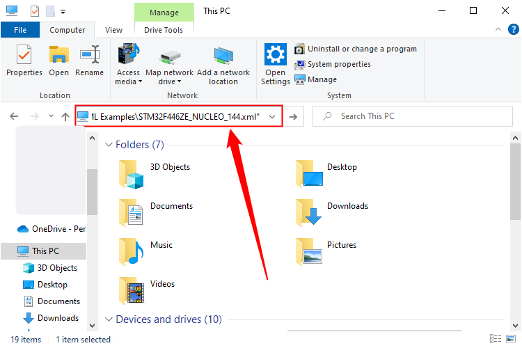 The file path pasted in a new File Explorer window. 