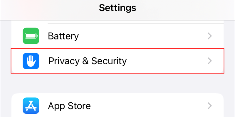 Open the Settings app, then scroll down and tap "Privacy and Security." 