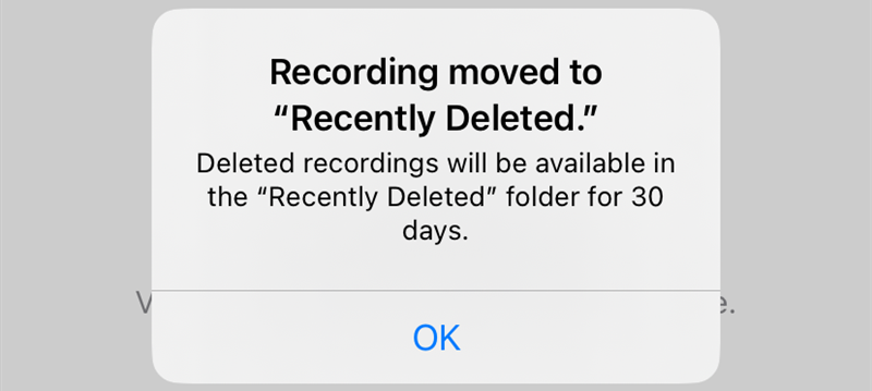 Notification that the recording has been moved to recently deleted. 