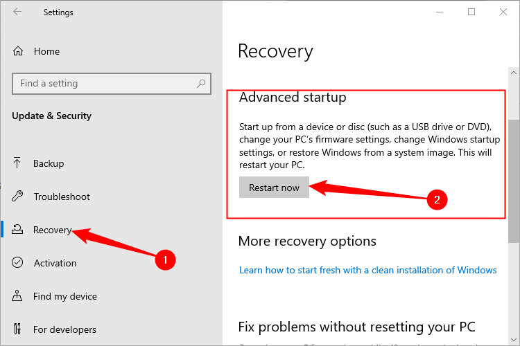 The Recovery portion of the WIndows Settings app. The 