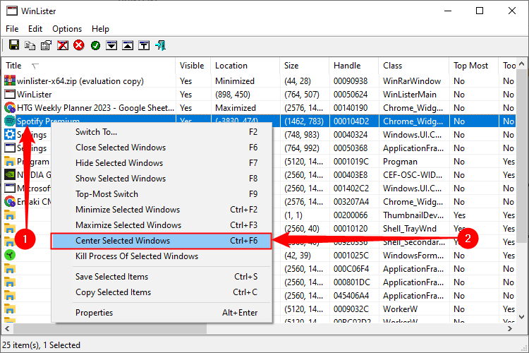 Spotify is our missing program. Right-click the application on the list, then select &ldquo;Center Selected Windows.&quot;