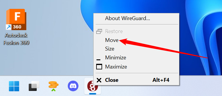 Shift + Right-click the application, then click &ldquo;Move.&quot;