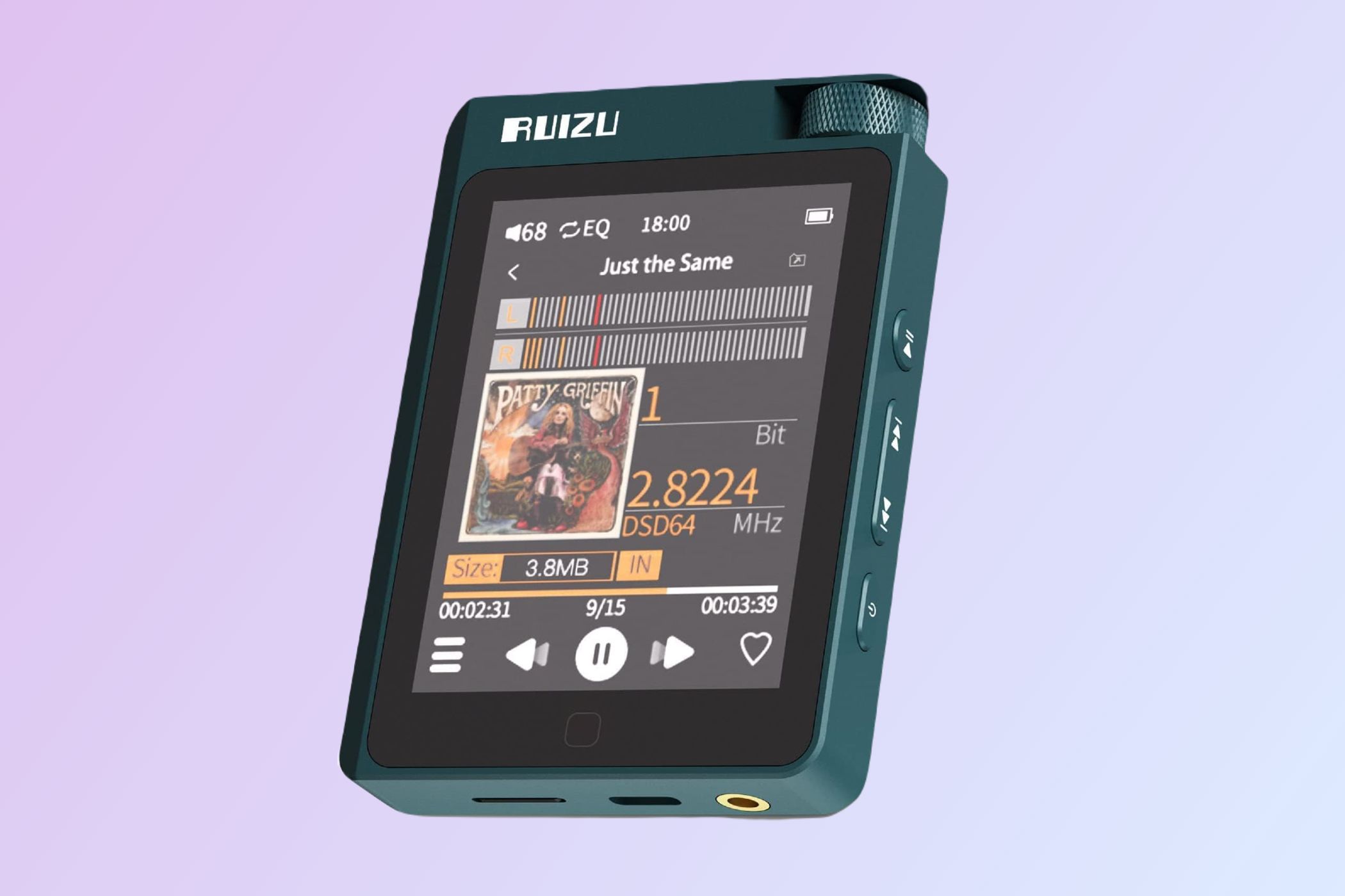 Ruizu A55 MP3 Player showing a song playing on the cover screen