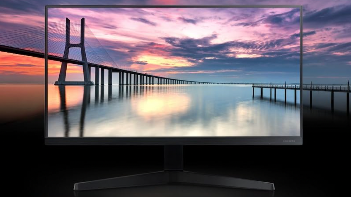 Samsung T35F Series 22-Inch Monitor against the backdrop of a sunset.
