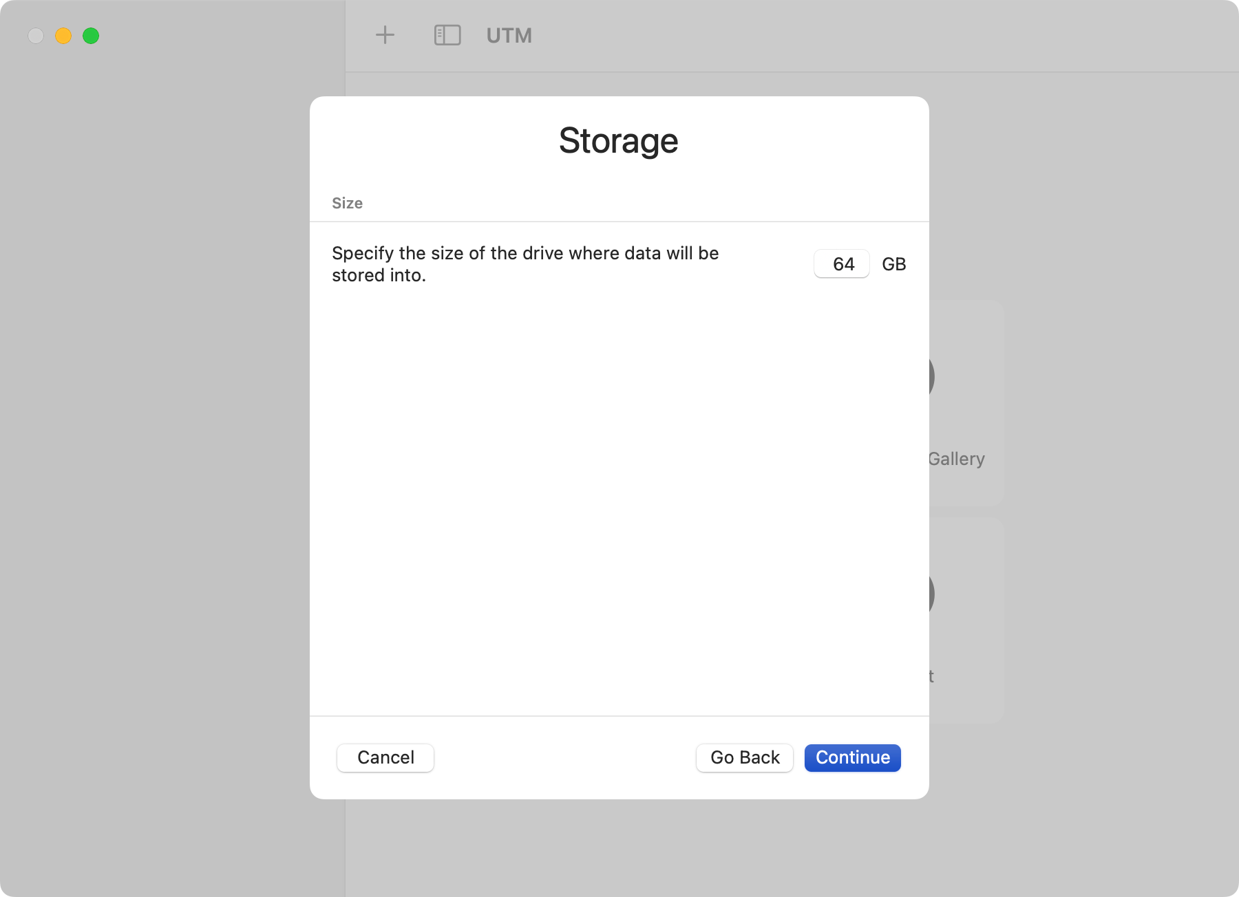 Define storage allocation for Windows 11 in UTM for Mac