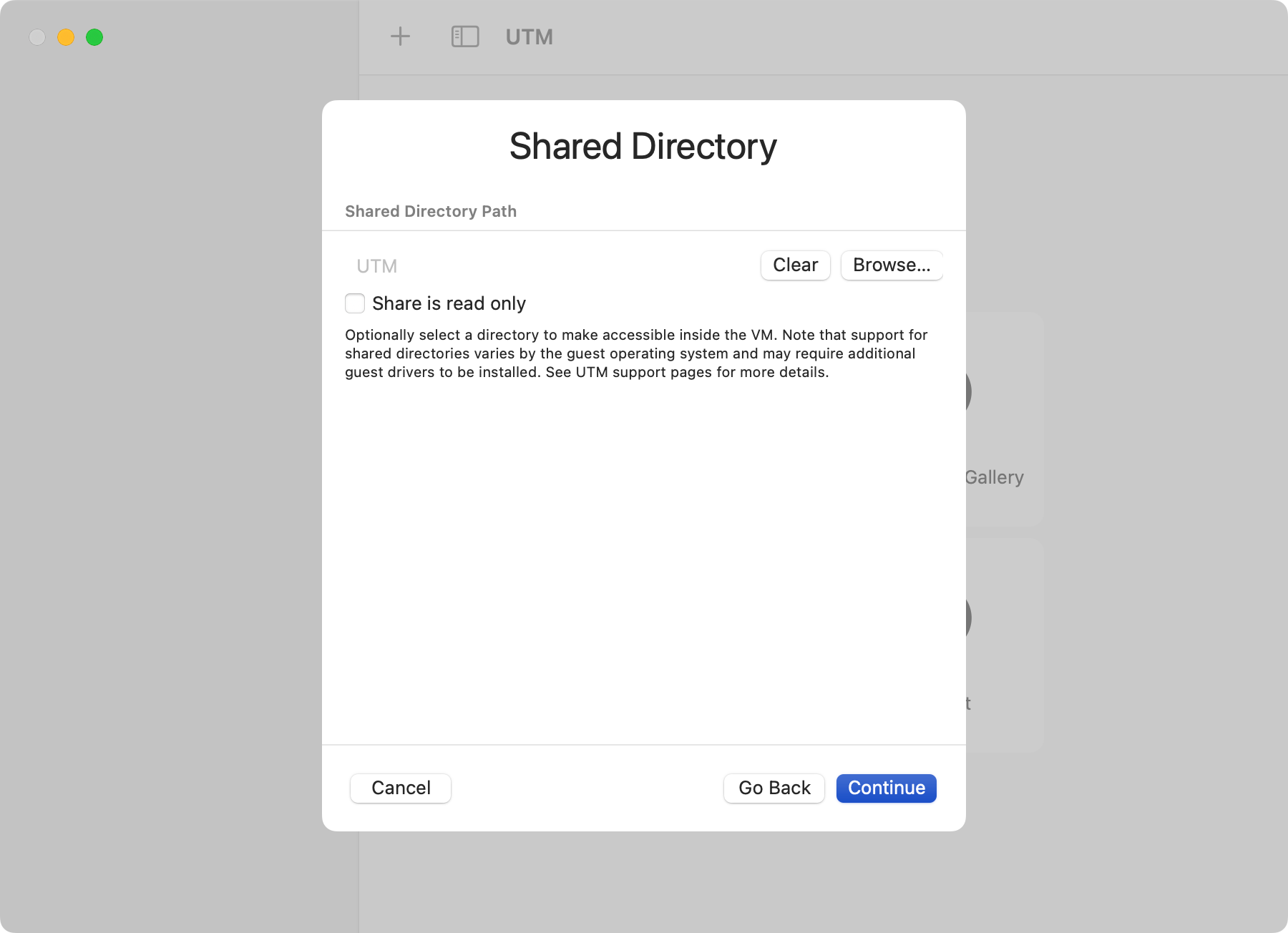 Elect a shared directory in UTM for Mac
