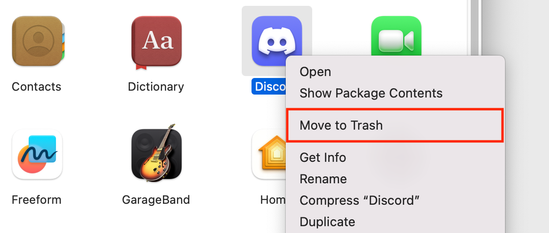 After right-clicking Discord in Finder, select &ldquo;Move to Trash&rdquo; to uninstall Discord.