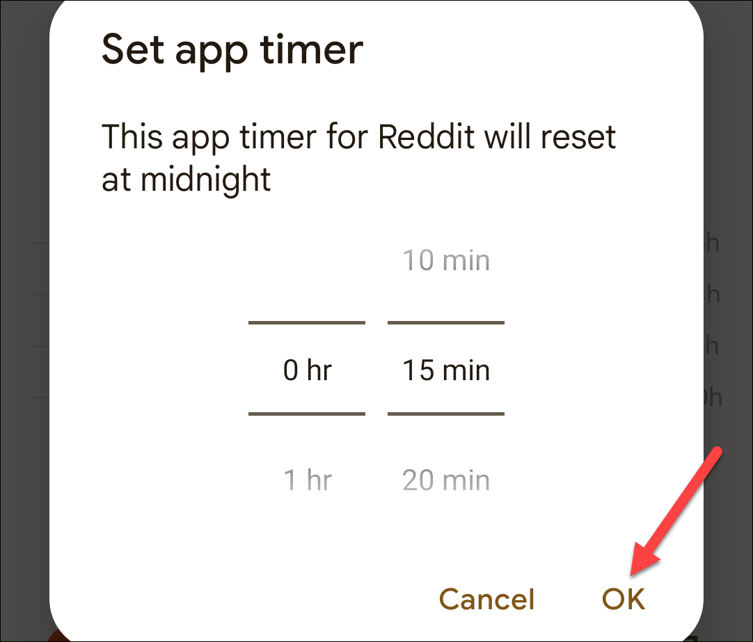 Set the app timer limit and then tap on OK