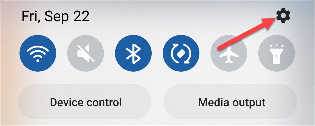 The control panel on a Samsung phone, highlighting the gear icon.