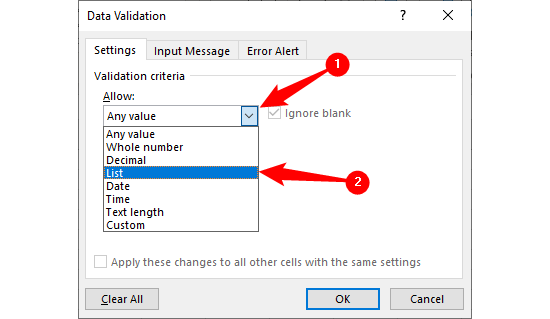 The "Data Validation" window, with the "Allow" drop-down box open. 