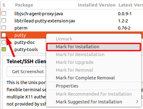 select the putty and its related package tools