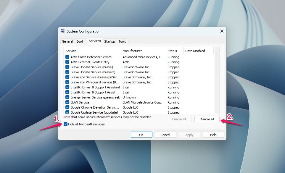 Services tab in the System configuration window
