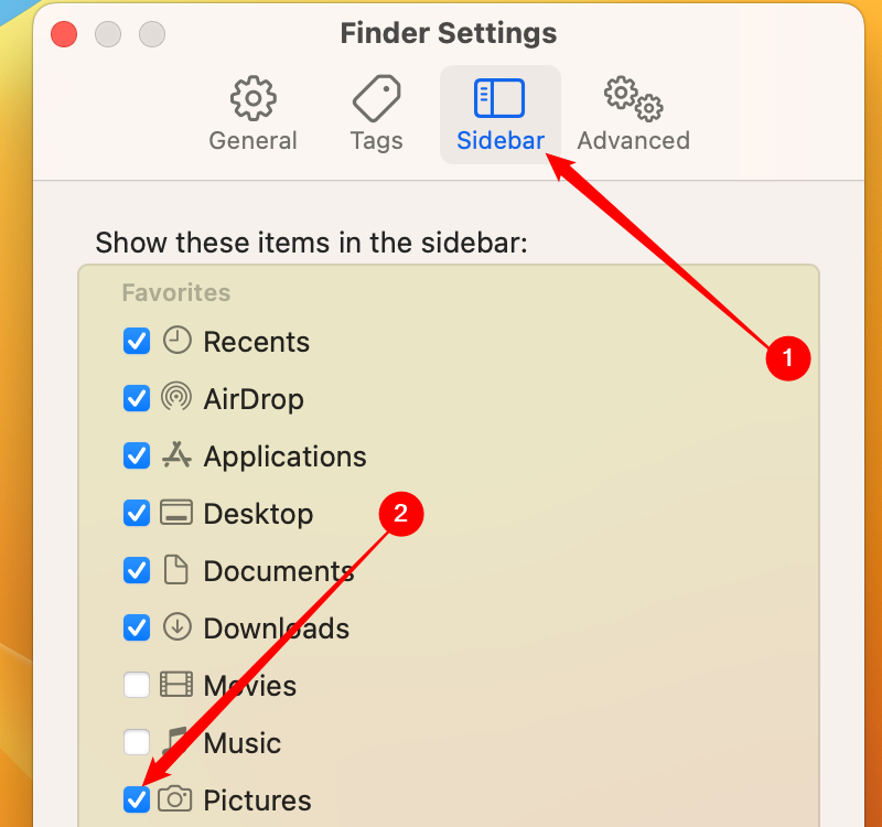 Click "Sidebar," then tick the box next to "Pictures."