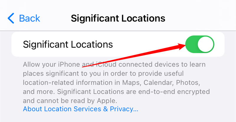 The "Significant Locations" toggle is currently on. Tap it to disable. 