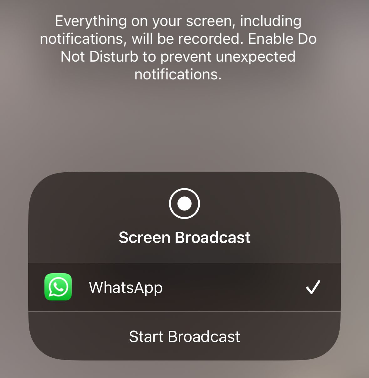 Tap the start broadcast button to begin sharing your phone's display over a video call on WhatsApp for iPhone