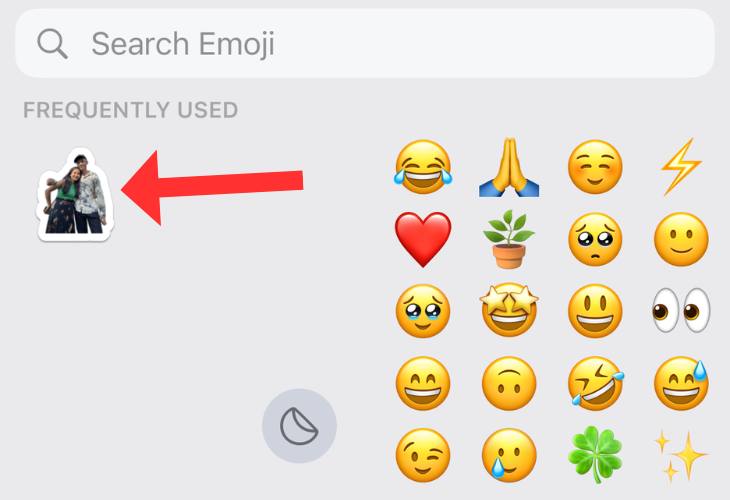 iPhone's keyboard emojis with an arrow next to the frequently used stickers
