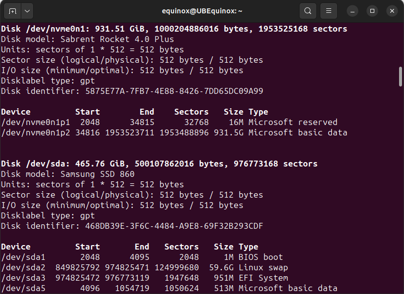 The result of "sudo fdisk -l" in the Terminal. 