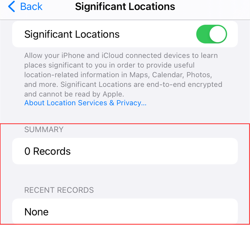 The Summary and Recent Records sections are blank on this iPhone because we typically keep this option disabled. 